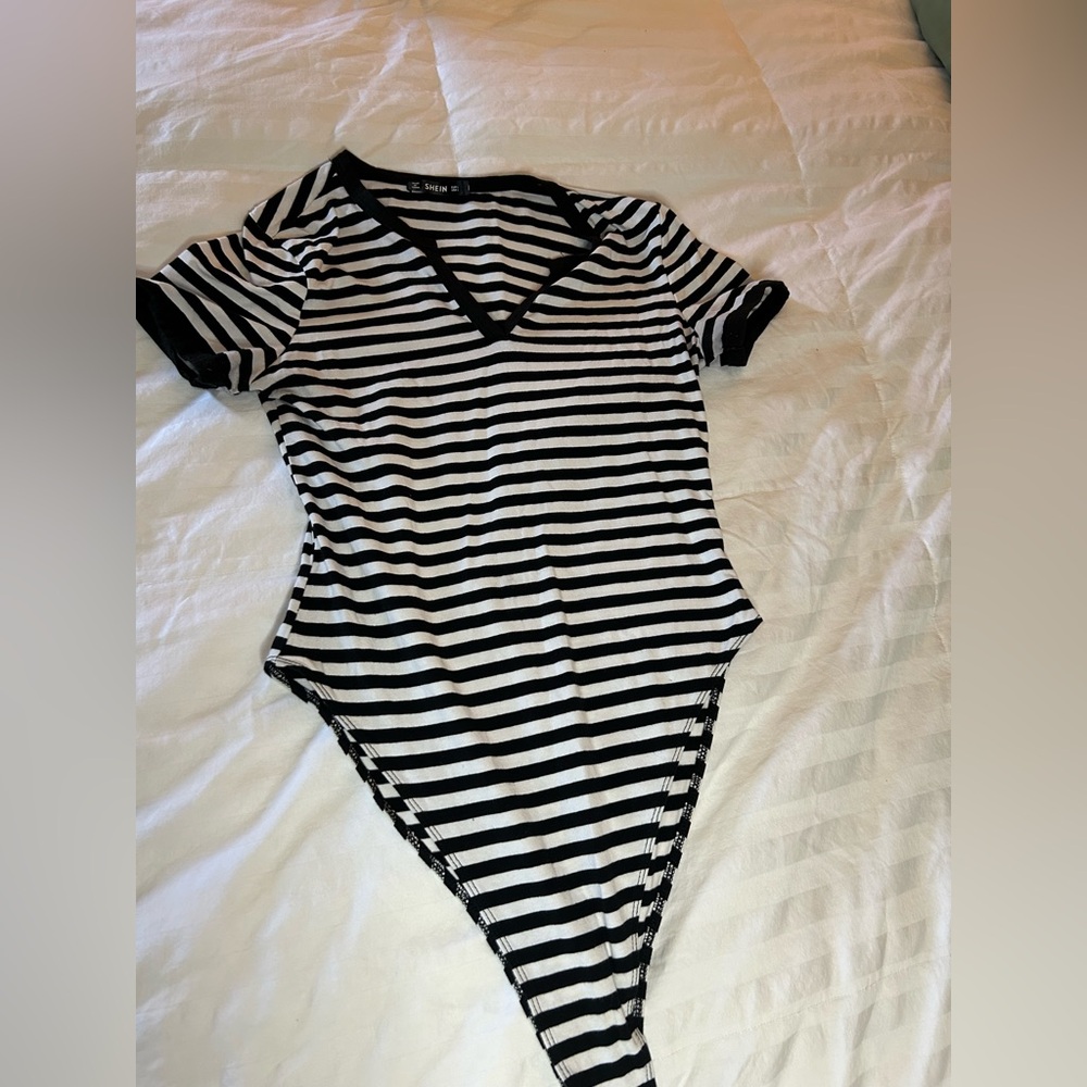 SHEIN Black and White Striped Bodysuit One Piece
